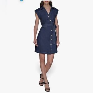 KARL LAGERFELD Womens Buttons Down Front Denim Self Tie Belt Dress Size 4 NWT